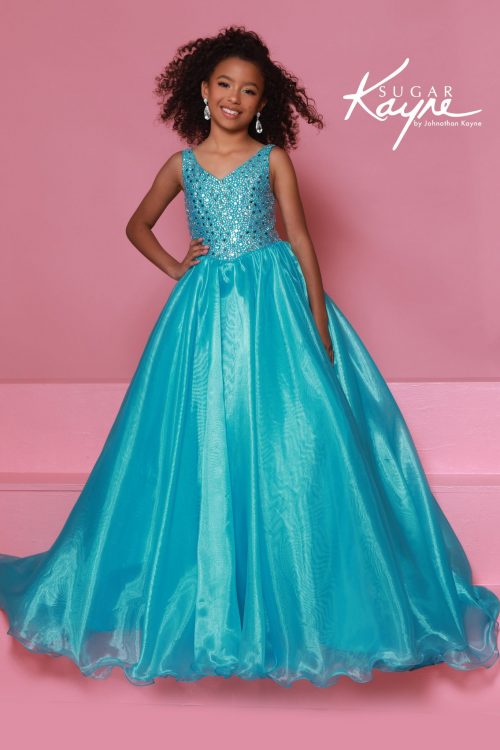 Aqua sparkle bodice ball gown for girls featuring a full organza skirt and v-neckline, perfect for pageants or formal events.